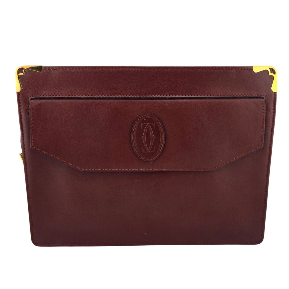 Cartier Must de Cartier Burgundy Leather Vintage Clutch Bag Gold Hardware COA